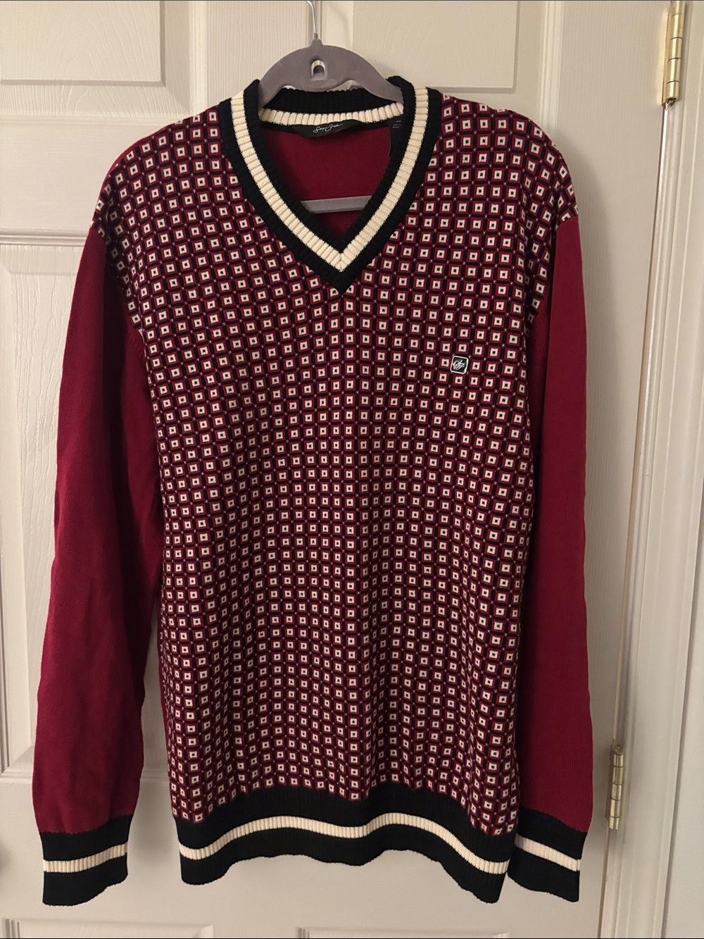 Sean John Burgundy V-Neck Patterned Sweater